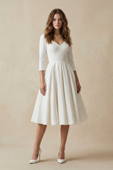 Blanca | Vintage Sleeved A - Line V - neck Satin Tea Length Wedding Dress – Wedding Dresses by KissProm | Available at KissProm