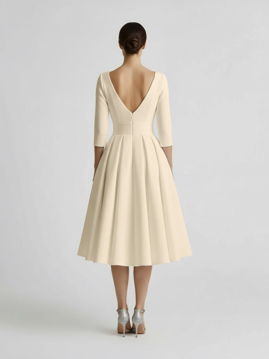 Blanca | Vintage Sleeved A - Line V - neck Satin Tea Length Wedding Dress - KissProm