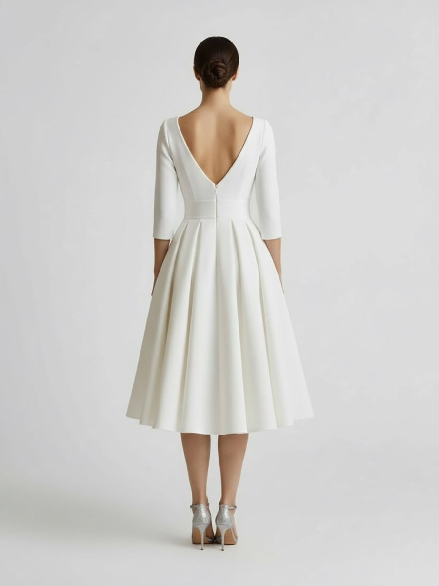 Blanca | Vintage Sleeved A - Line V - neck Satin Tea Length Wedding Dress - KissProm