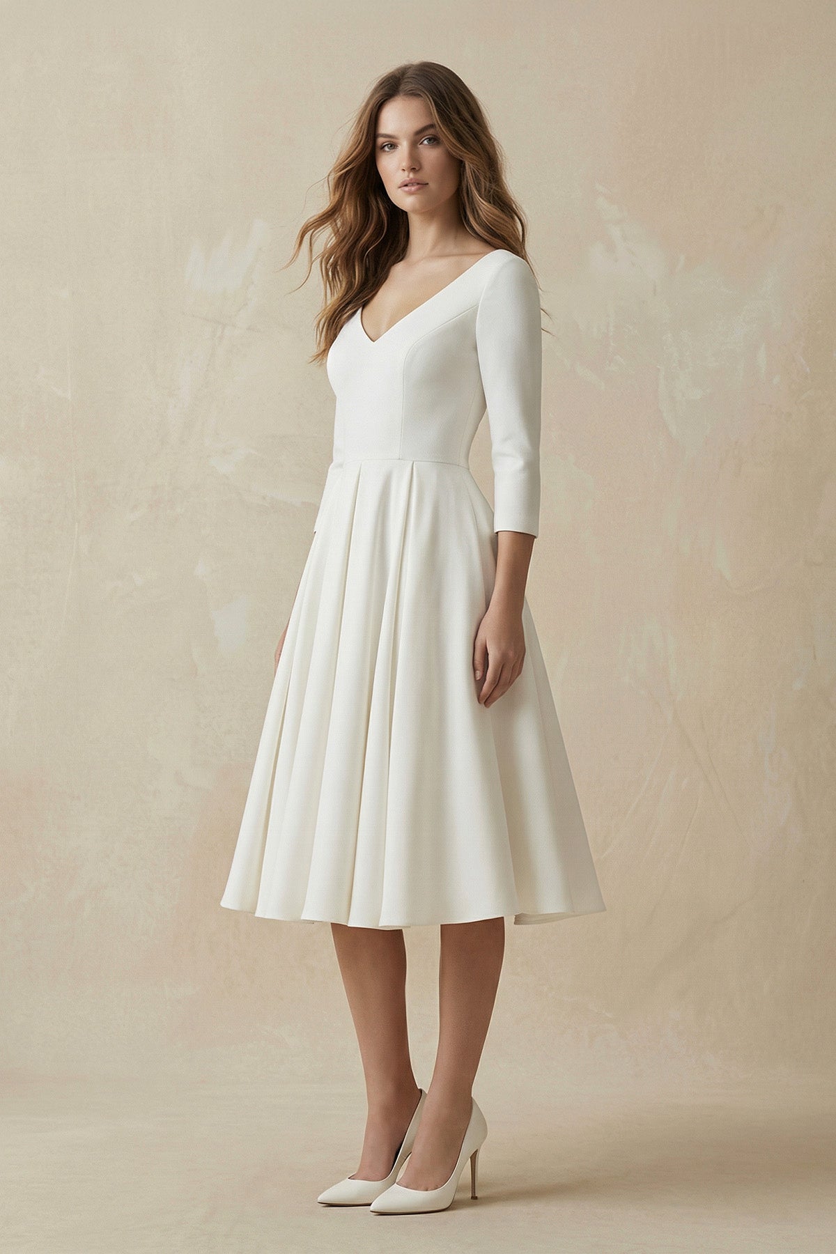 Vintage Sleeved A-Line V-neck Satin Tea Length Wedding Dress, Diamond White / 6 Vintage Sleeved A-Line V-neck Satin Tea Length Wedding Dress, Diamond White / 6
