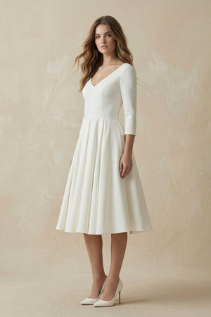 Blanca | Vintage Sleeved A - Line V - neck Satin Tea Length Wedding Dress – Wedding Dresses by KissProm | Available at KissProm