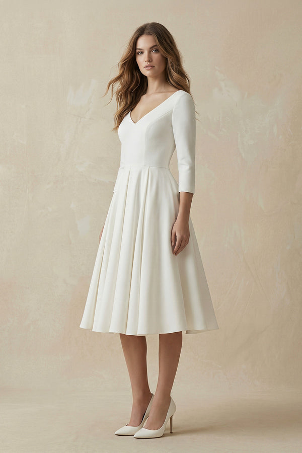 Blanca | Vintage Sleeved A - Line V - neck Satin Tea Length Wedding Dress – Wedding Dresses by KissProm | Available at KissProm