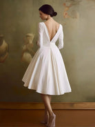 Blanca | Vintage Sleeved A - Line V - neck Satin Tea Length Wedding Dress - KissProm