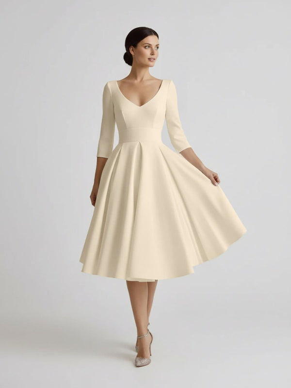a line vintage dress Vintage Sleeved A-Line V-neck Satin Tea Length Wedding Dress, Champagne / 12