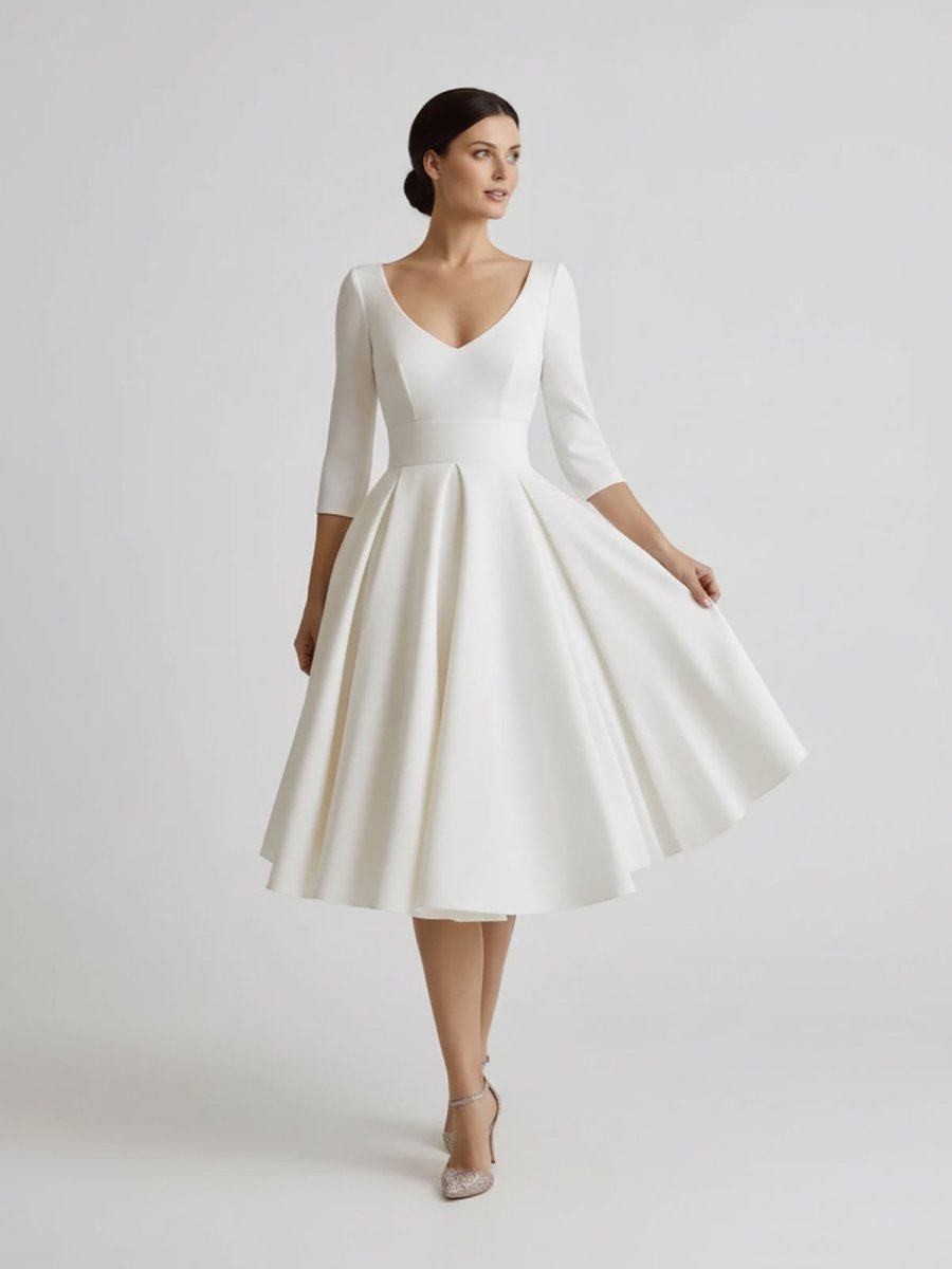 Blanca | Vintage Sleeved A - Line V - neck Satin Tea Length Wedding Dress - KissProm