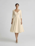 Blanca | Vintage Sleeved A - Line V - neck Satin Tea Length Wedding Dress - KissProm