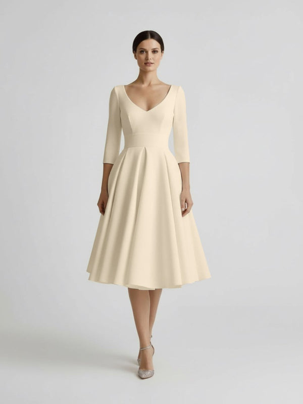 Vintage Sleeved A-Line V-neck Satin Tea Length Wedding Dress