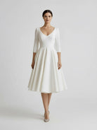 Blanca | Vintage Sleeved A - Line V - neck Satin Tea Length Wedding Dress - KissProm