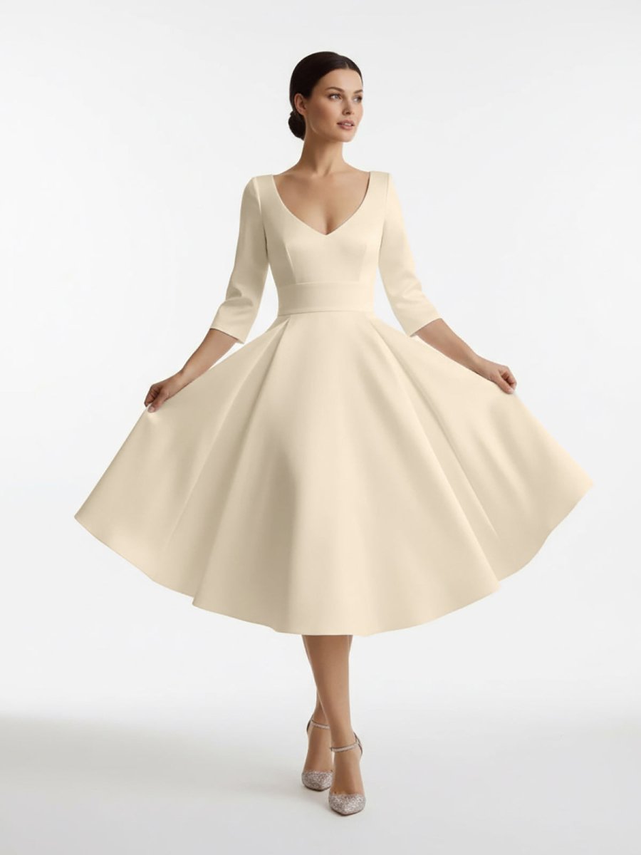 Blanca | Vintage Sleeved A - Line V - neck Satin Tea Length Wedding Dress - KissProm