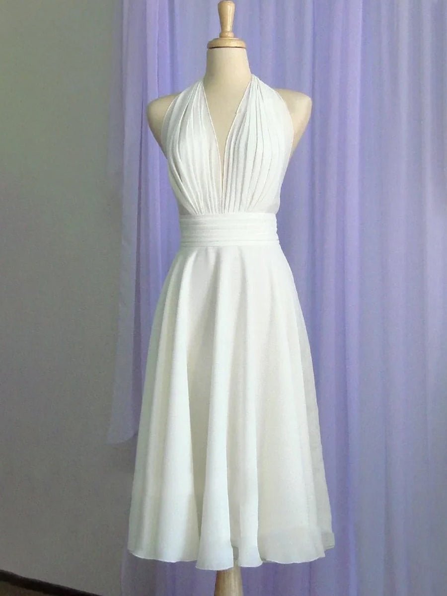 Sebella | Vintage Tea - Length Chiffon Wedding Dress With Halter Neck and Bow - KissProm