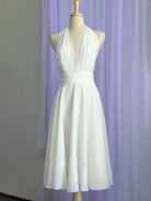Sebella | Vintage Tea - Length Chiffon Wedding Dress With Halter Neck and Bow - KissProm