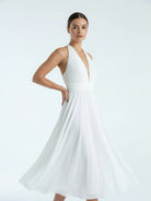 Sebella | Vintage Tea - Length Chiffon Wedding Dress With Halter Neck and Bow - KissProm