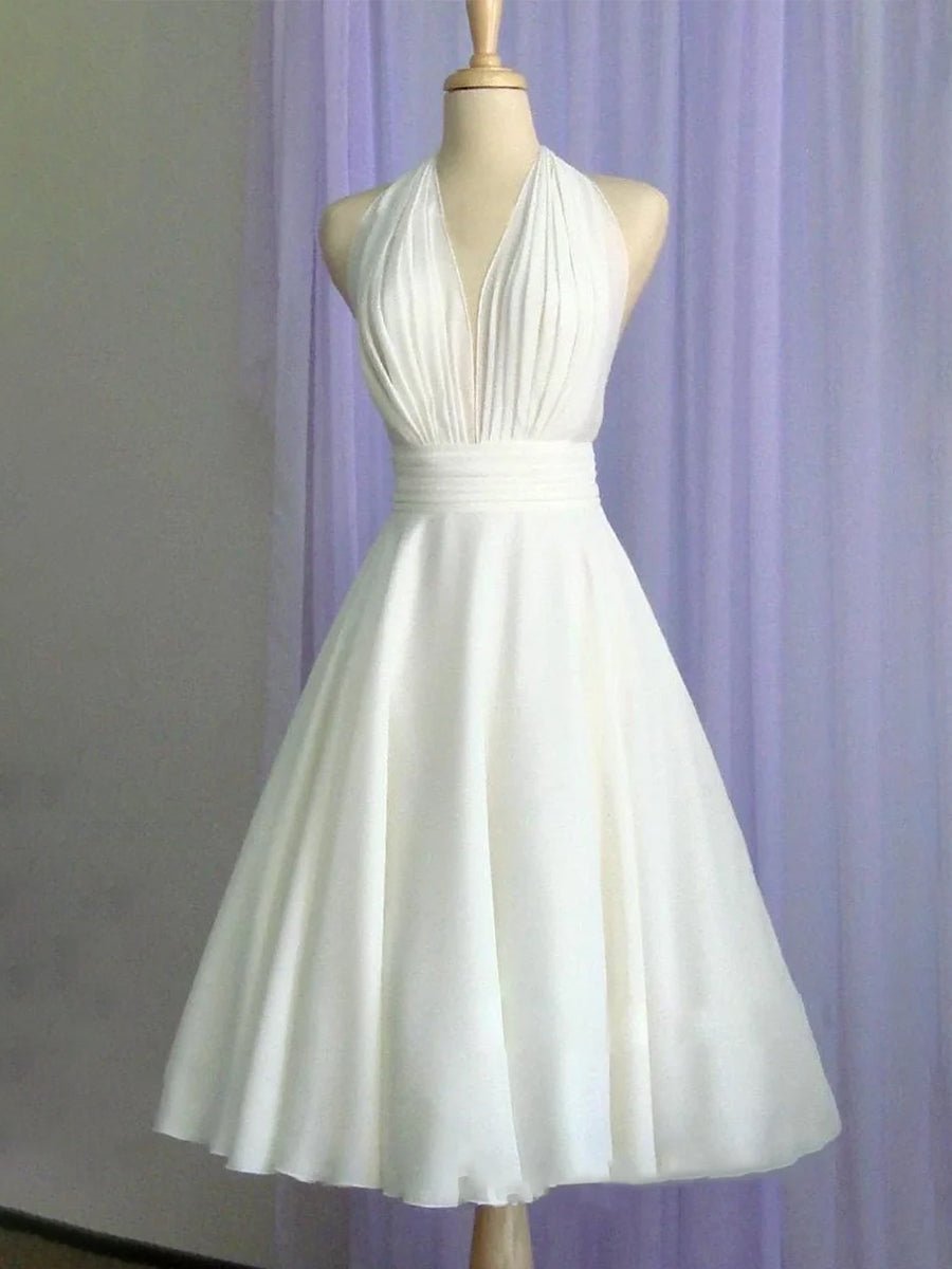 Sebella | Vintage Tea - Length Chiffon Wedding Dress With Halter Neck and Bow - KissProm