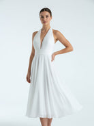 Sebella | Vintage Tea - Length Chiffon Wedding Dress With Halter Neck and Bow - KissProm