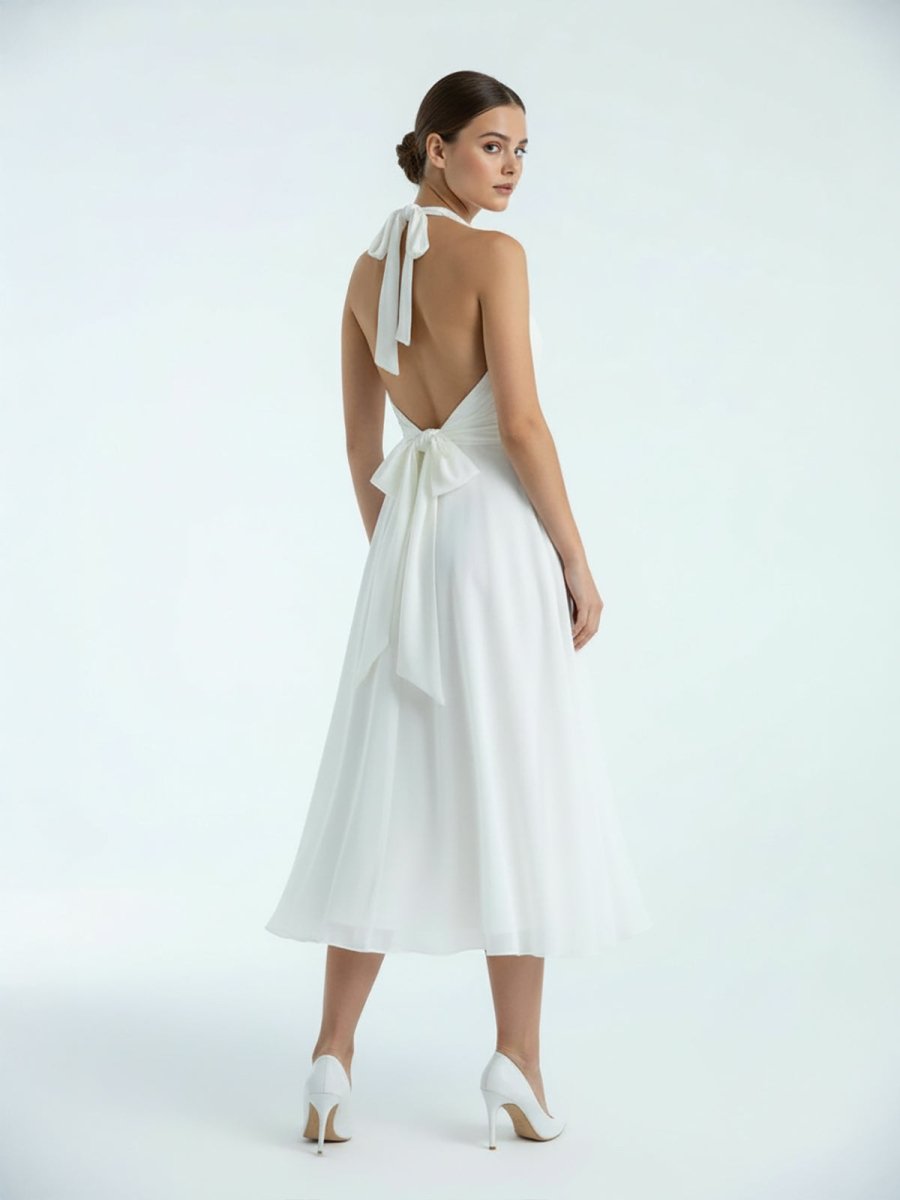 Vintage Tea-Length Chiffon Wedding Dress With Halter Neck and Bow