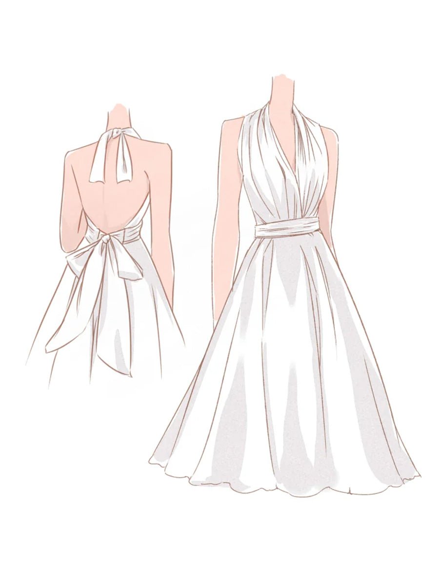 Sebella | Vintage Tea - Length Chiffon Wedding Dress With Halter Neck and Bow - KissProm