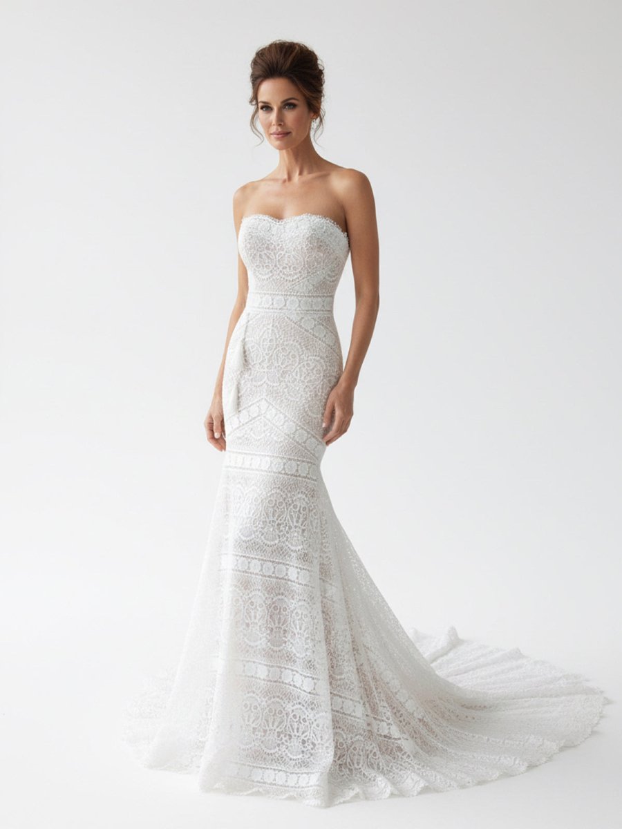 Vintage White Mermaid Lace Wedding Dress with Tassel - KissProm