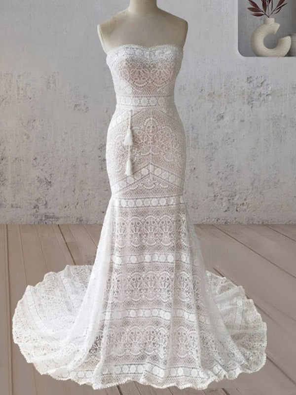 Vintage White Mermaid Lace Wedding Dress with Tassel - KissProm