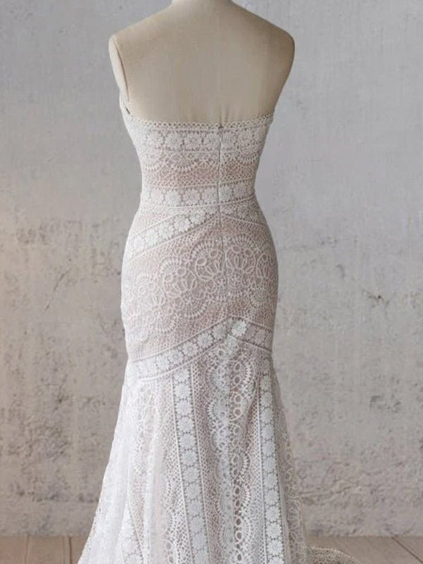 Vintage White Mermaid Lace Wedding Dress with Tassel - KissProm