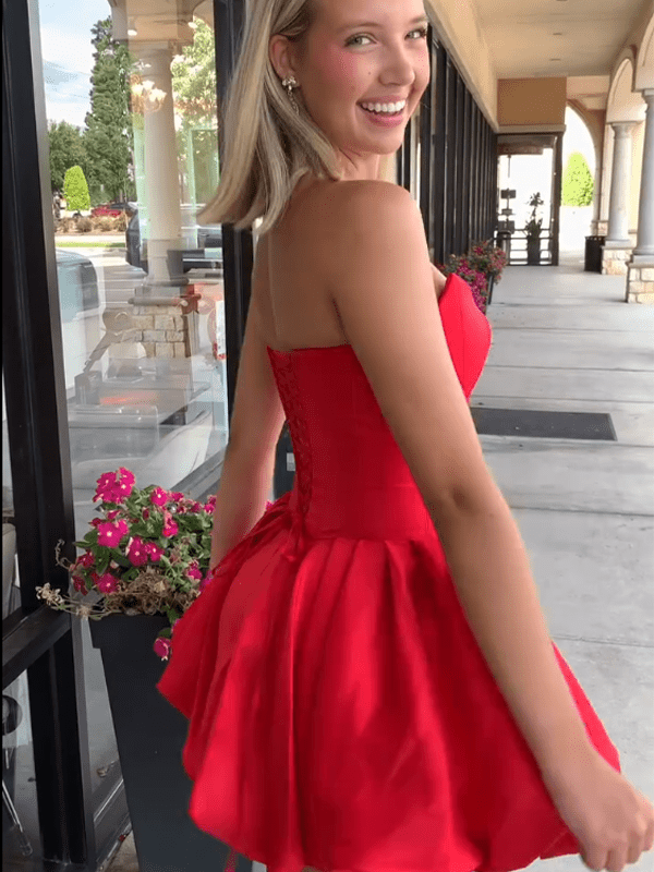 Vionara | Red - Strapless A Line Pleated Satin Homecoming Dresses With Flower