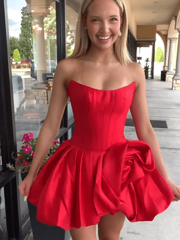 Vionara | Red - Strapless A Line Pleated Satin Homecoming Dresses With Flower