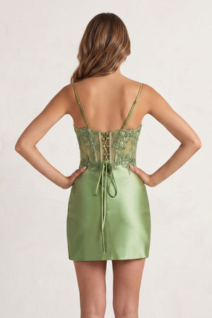 Vira | Sage - Bodycon Satin Sequined Corset Homecoming Dresses with Lace Appliques