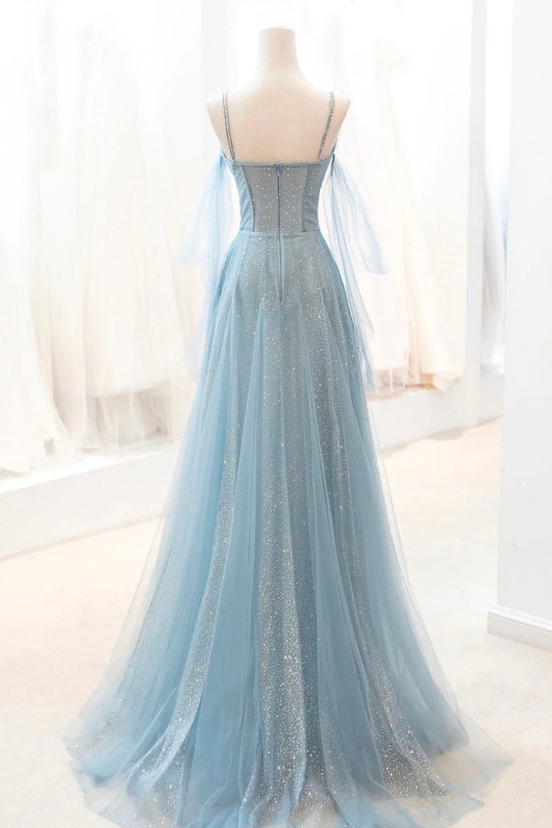 green emerald velvet dress Sparkly Gray Tulle Blue A-line Off-the-Shoulder Prom Dresses, Evening Gown,  MP716