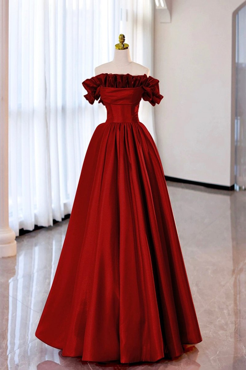 Burgundy Strapless Satin Long Prom Dress, A-Line Evening Party Dress Burgundy / 6