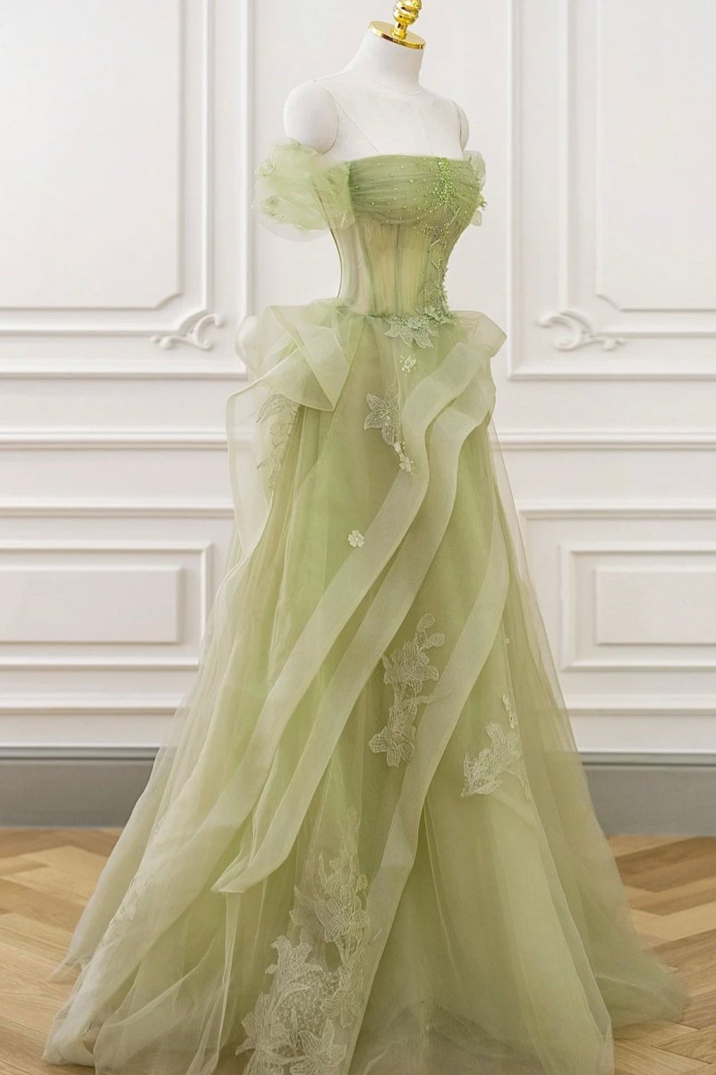 elegant green dress Chic A-line Spaghetti Straps Lace Long Prom Dresses Green Evening Gowns  CBD221 main image 1