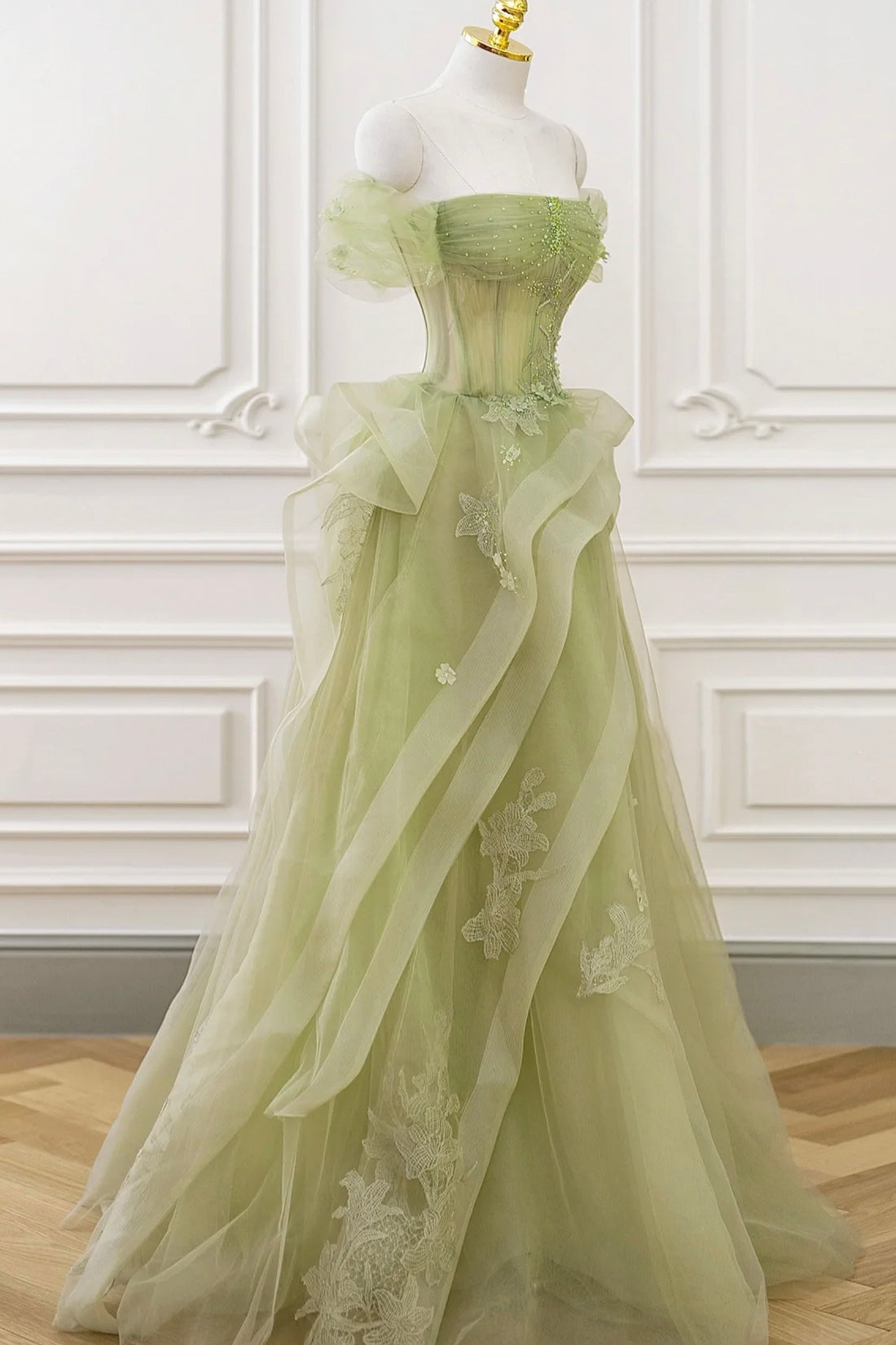 Light Green Off Shoulder Ball Gown Dress With 3D Lace Flowers – Lisposa