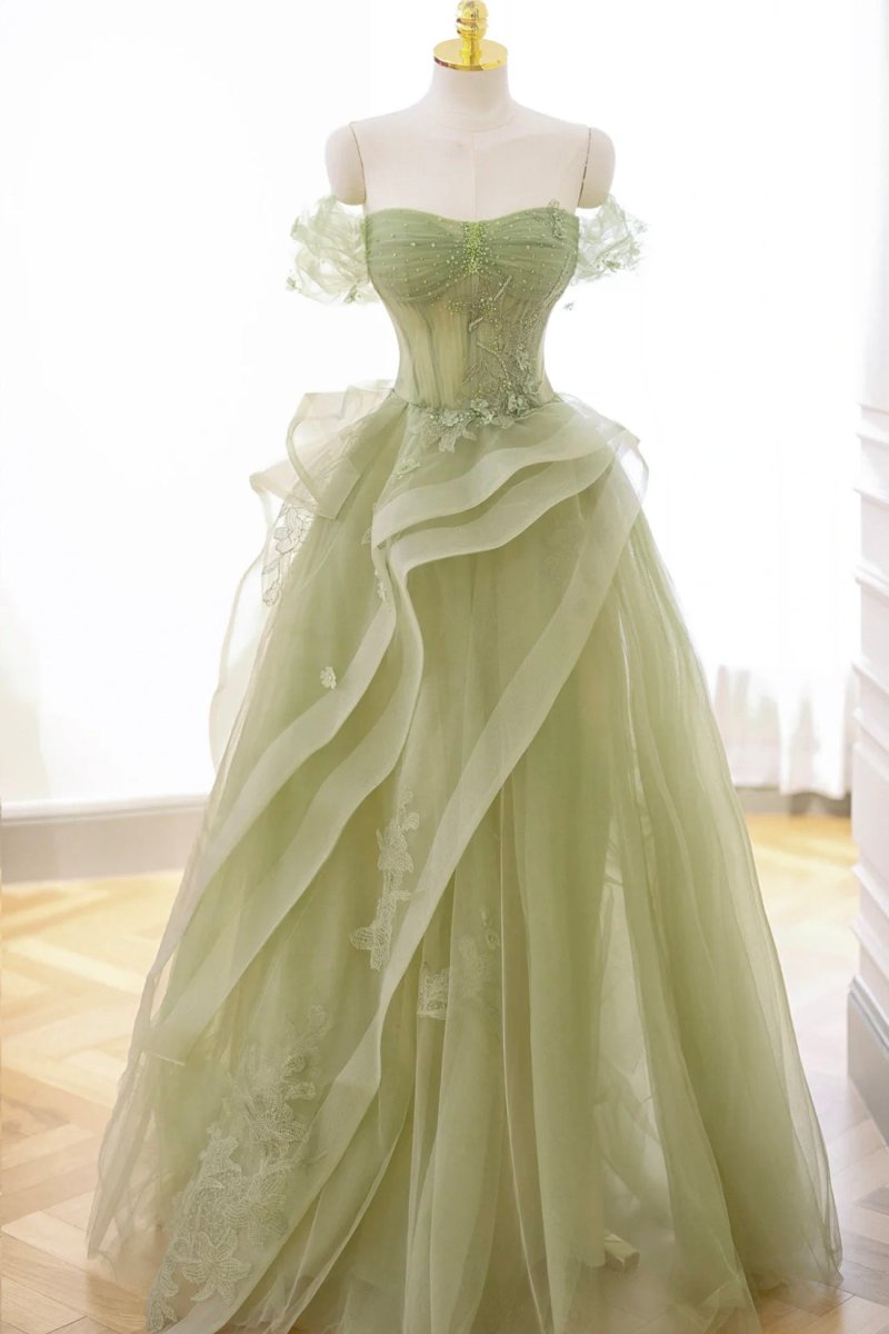 strapless open back dress Green Tulle Lace Long Prom Dress with Corset, Green Formal Party Dress, Green / Custom Size