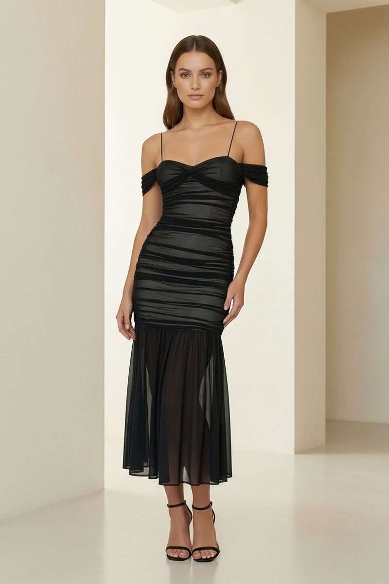 Vynel | Black - Spaghetti Straps Sheath Tulle Pleated Ankle Length Prom Dresses - KissProm