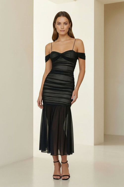 Vynel | Black - Spaghetti Straps Sheath Tulle Pleated Ankle Length Prom Dresses - KissProm