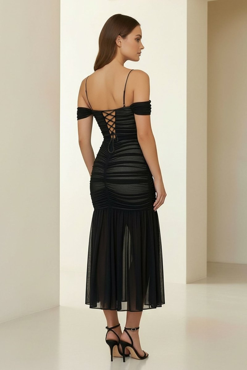 Vynel | Black - Spaghetti Straps Sheath Tulle Pleated Ankle Length Prom Dresses - KissProm