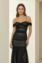 Vynel | Black - Spaghetti Straps Sheath Tulle Pleated Ankle Length Prom Dresses - KissProm