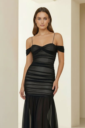 Vynel | Black - Spaghetti Straps Sheath Tulle Pleated Ankle Length Prom Dresses - KissProm