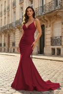 Pink Mermaid V Neck Satin Long Prom Dresses with Train - KissProm