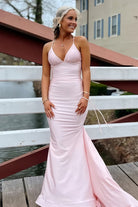 Vynna | Pink - Mermaid V Neck Satin Long Prom Dresses with Train - KissProm