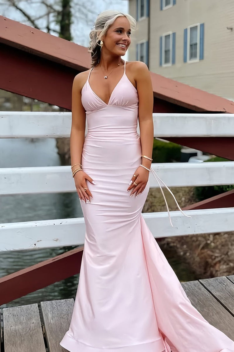 Pink Mermaid Spaghetti Straps Satin Long Prom Dresses with Train