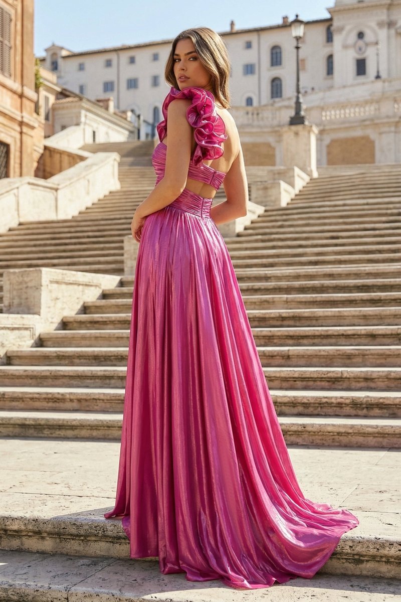 KissProm A-Line Fuchsia One Shoulder Keyhole Pleated Metallic Prom Dress with Slit, Purple / 0