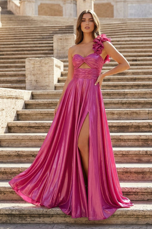 A - Line Fuchsia One Shoulder Keyhole Pleated Metallic Prom Dress with Slit - KissProm
