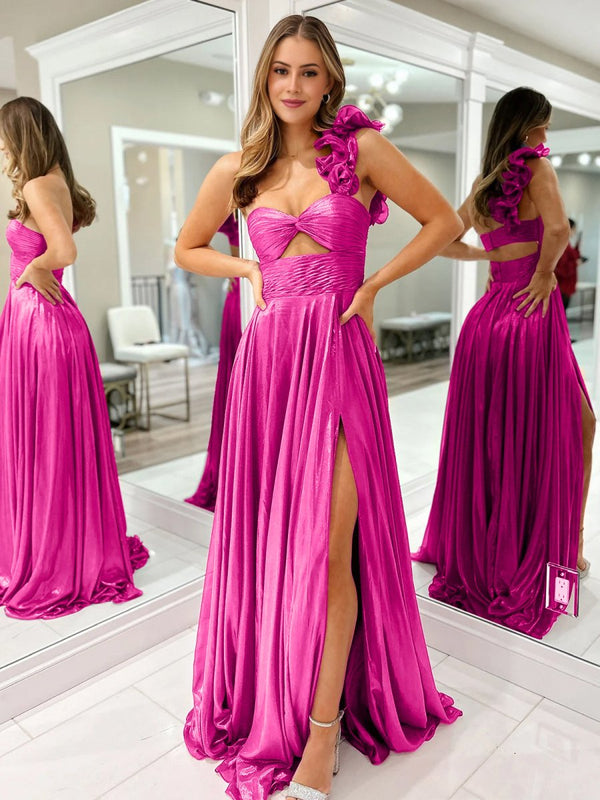 Wallis | A-Line Fuchsia One Shoulder Keyhole Pleated Metallic Prom Dress with Slit