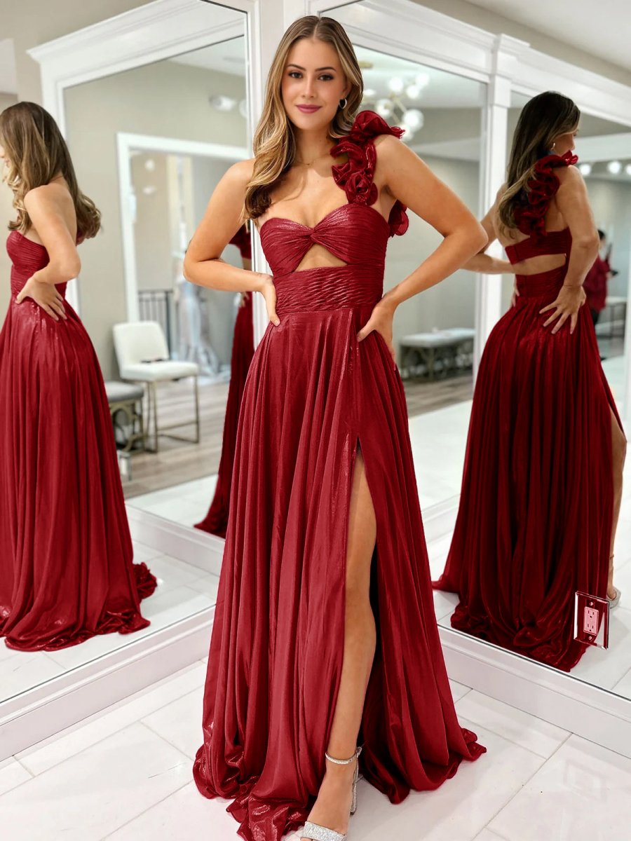 A-Line Fuchsia One Shoulder Keyhole Pleated Metallic Prom Dress with Slit Fuchsia / 6 A-Line Fuchsia One Shoulder Keyhole Pleated Metallic Prom Dress with Slit Fuchsia / 6