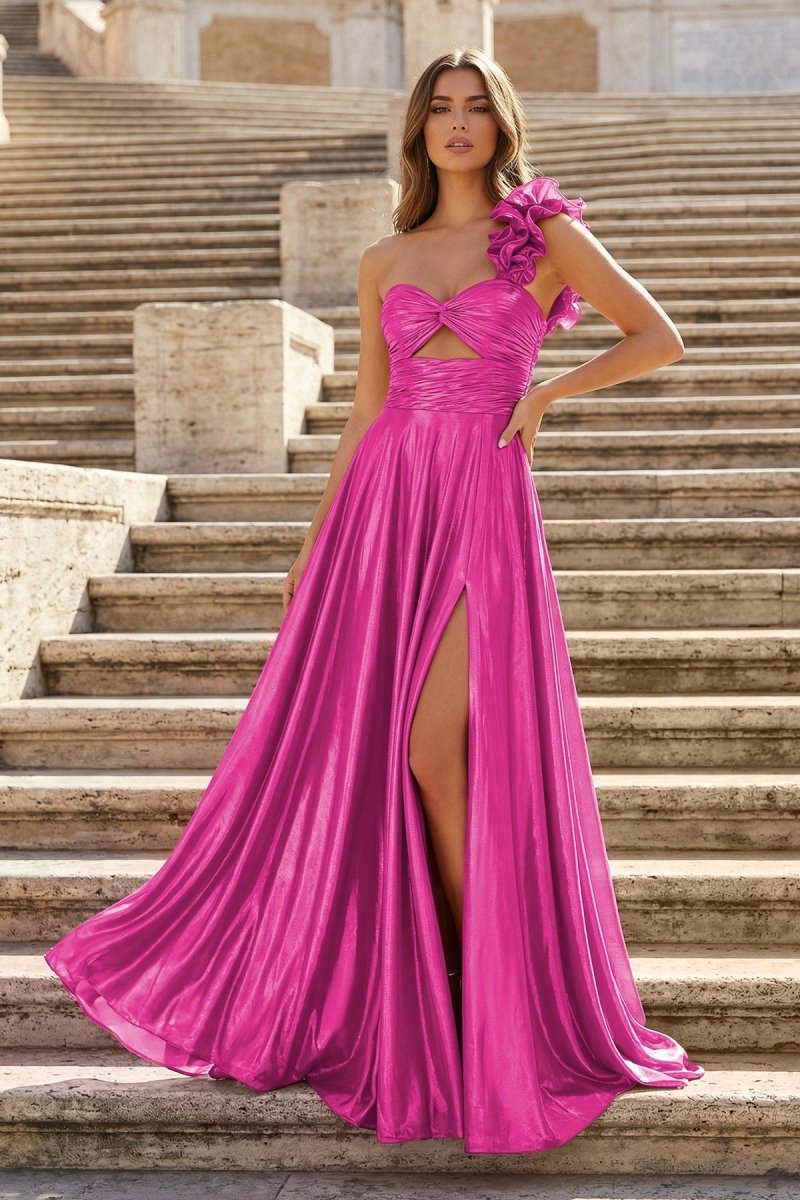 A-Line Fuchsia One Shoulder Keyhole Pleated Metallic Prom Dress with Slit