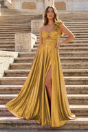 A-Line Fuchsia One Shoulder Keyhole Pleated Metallic Prom Dress with Slit – Prom Dresses by KissProm | Available at KissProm
