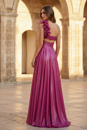 A - Line Fuchsia One Shoulder Keyhole Pleated Metallic Prom Dress with Slit - KissProm