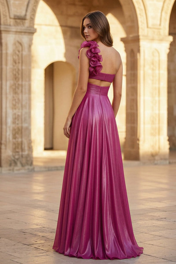 A - Line Fuchsia One Shoulder Keyhole Pleated Metallic Prom Dress with Slit - KissProm