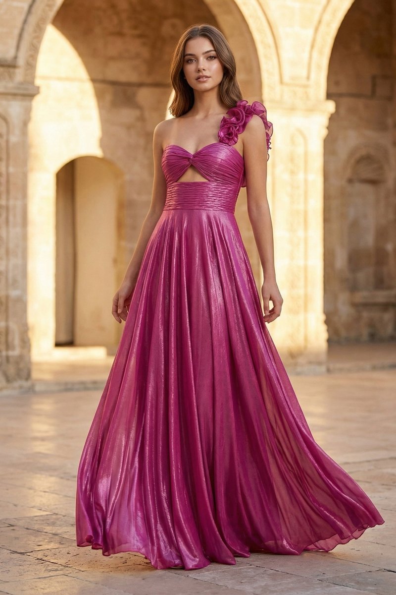 A - Line Fuchsia One Shoulder Keyhole Pleated Metallic Prom Dress with Slit - KissProm