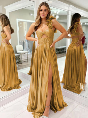 Wallis | A-Line Fuchsia One Shoulder Keyhole Pleated Metallic Prom Dress with Slit