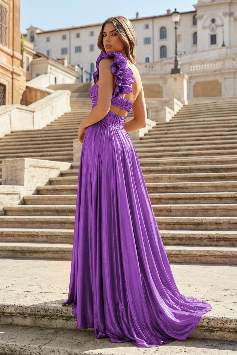 KissProm A-Line Fuchsia One Shoulder Keyhole Pleated Metallic Prom Dress with Slit, Purple / 0